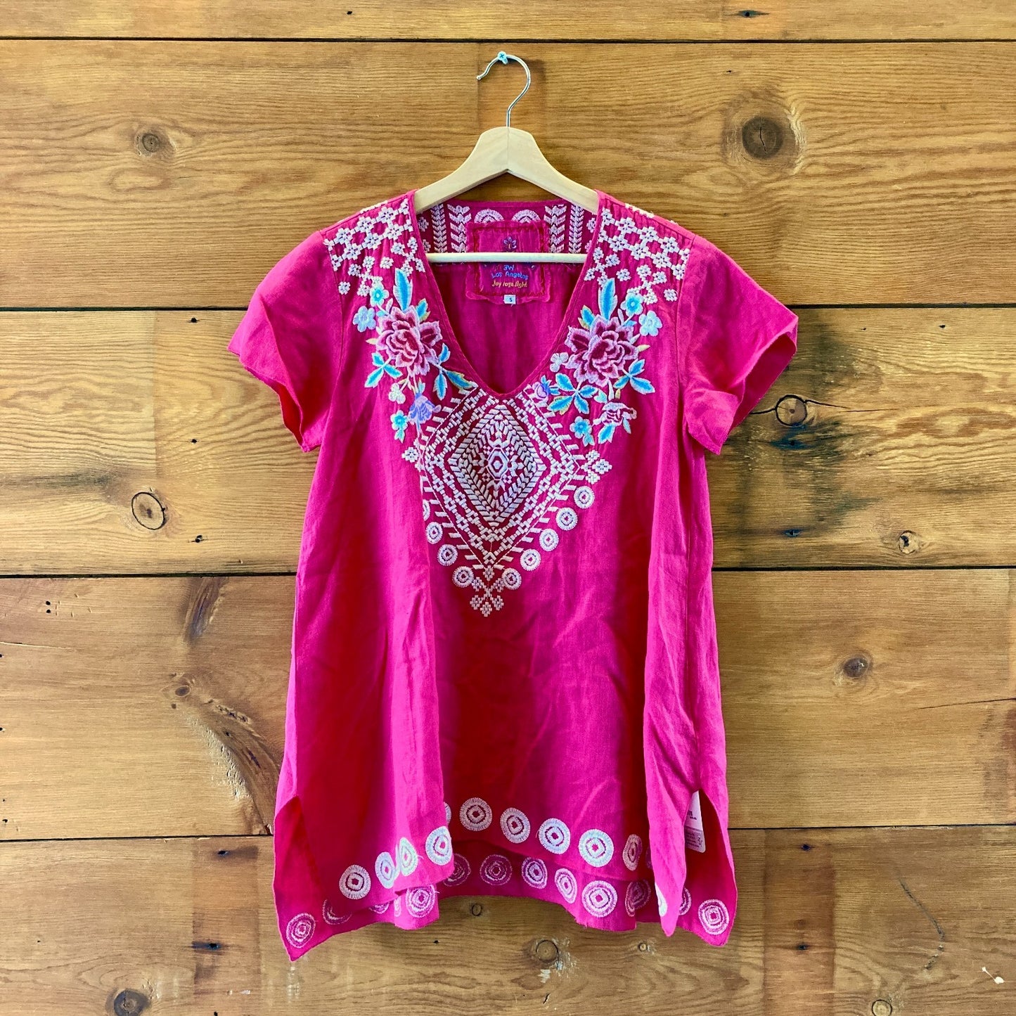 Johnny Was Magenta Pink Embroidered V Neck Tunic Top - Size S - 0621AS