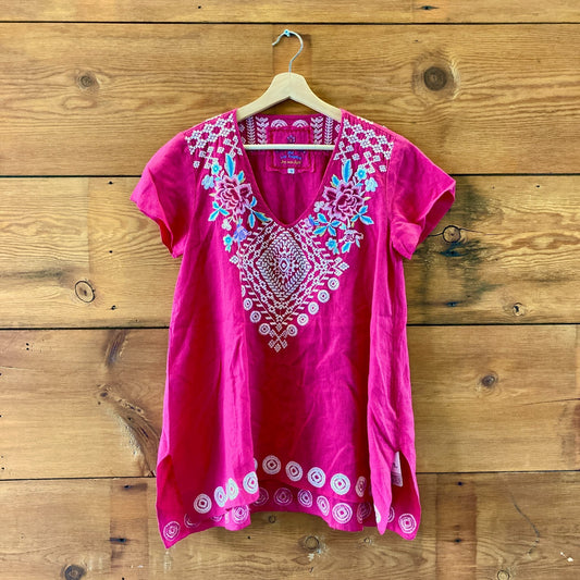 Johnny Was Magenta Pink Embroidered V Neck Tunic Top - Size S - 0621AS