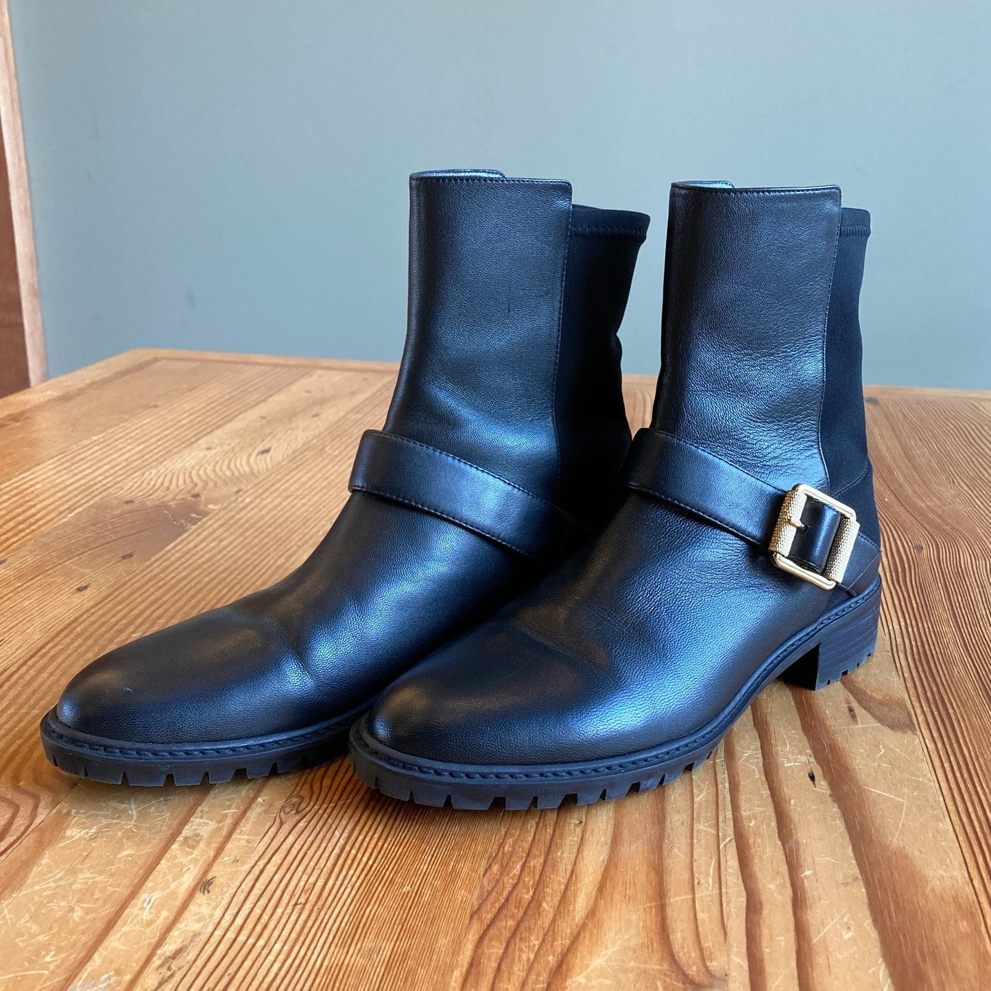 8 - Stuart Weitzman Black Leather Contrast City Buckle Ankle Boots 0905AG