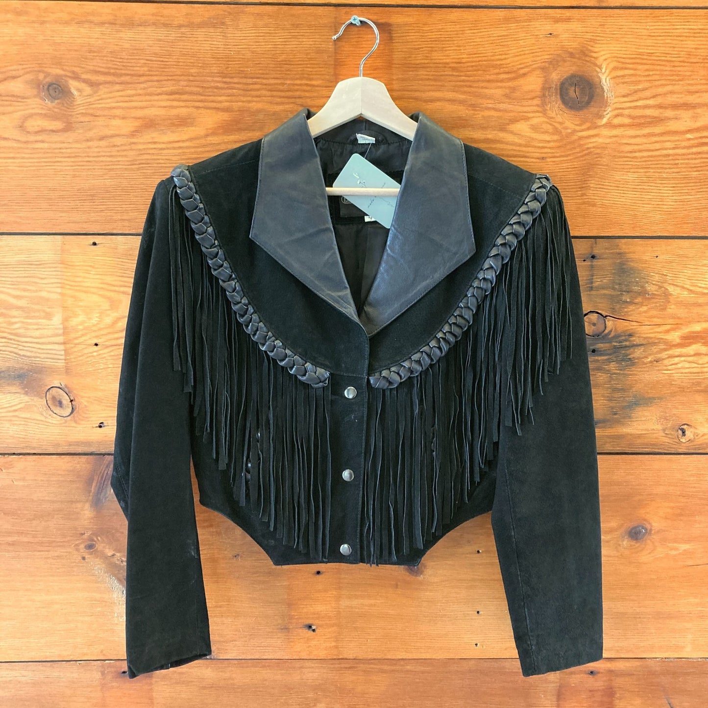 M - Vintage Leather Gallery Black Suede Fringe Detail Cropped Jacket 0504LR