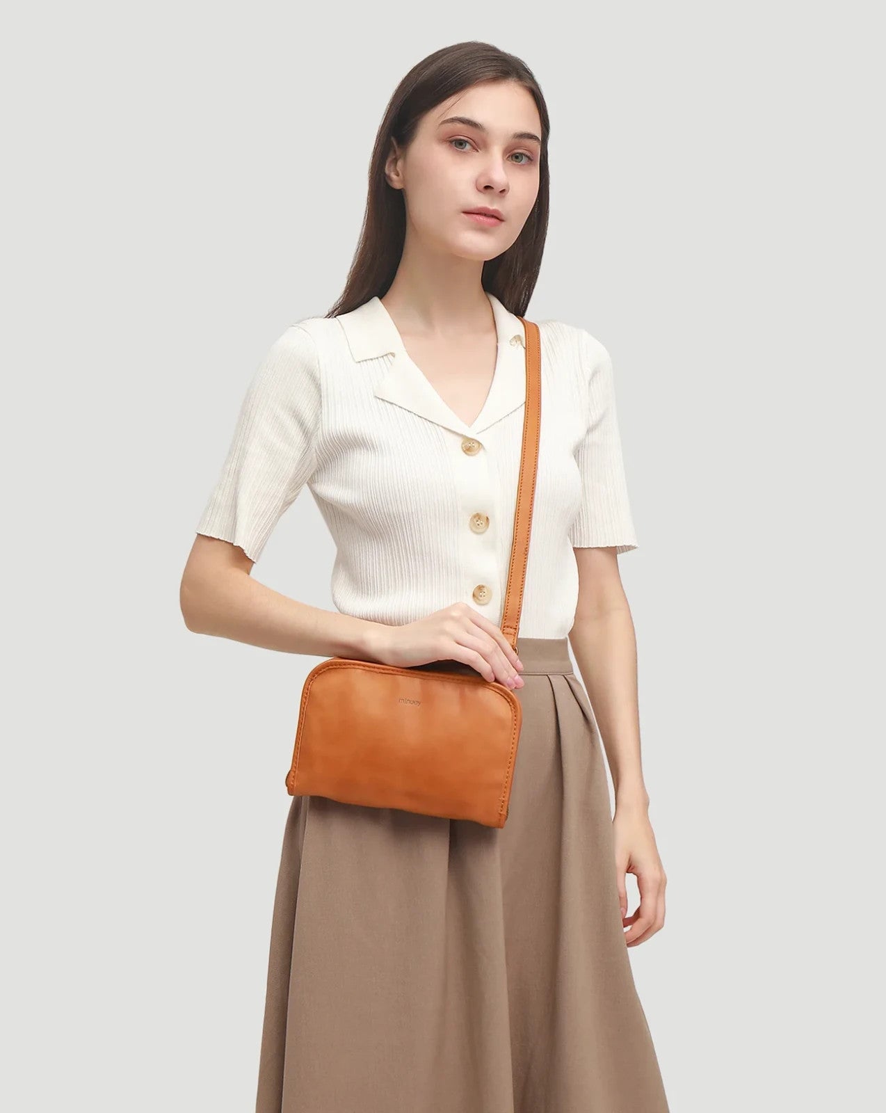 Minooy Caramel Brown Leather Travel Multi Pocket Crossbody Purse Bag 0211JO