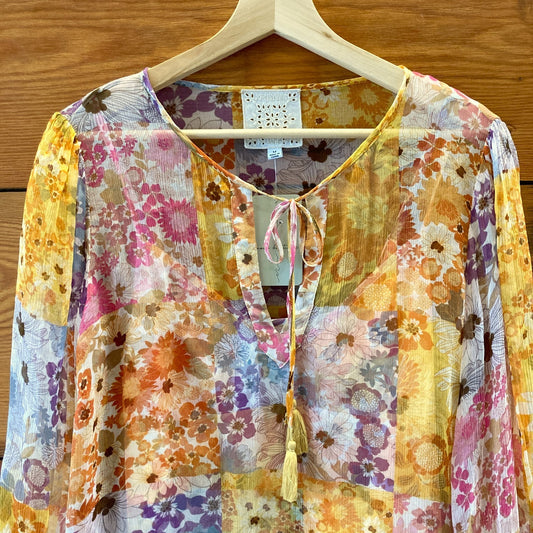 Johnny Was Sheer Multicolor Floral Peasant Blouse Top - Size M  - 0419KM