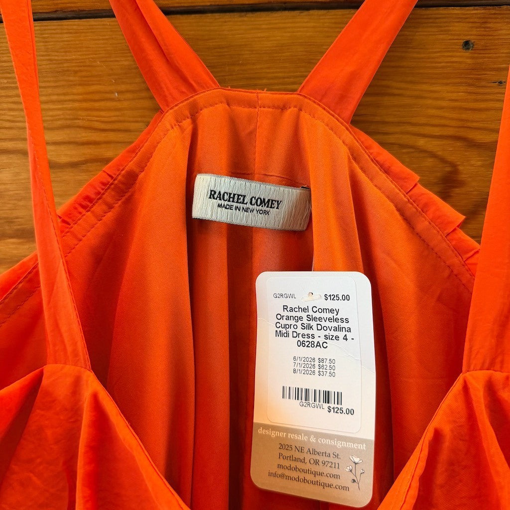 Rachel Comey Orange Sleeveless Cupro Silk Dovalina Midi Dress - size 4 - 0628AC