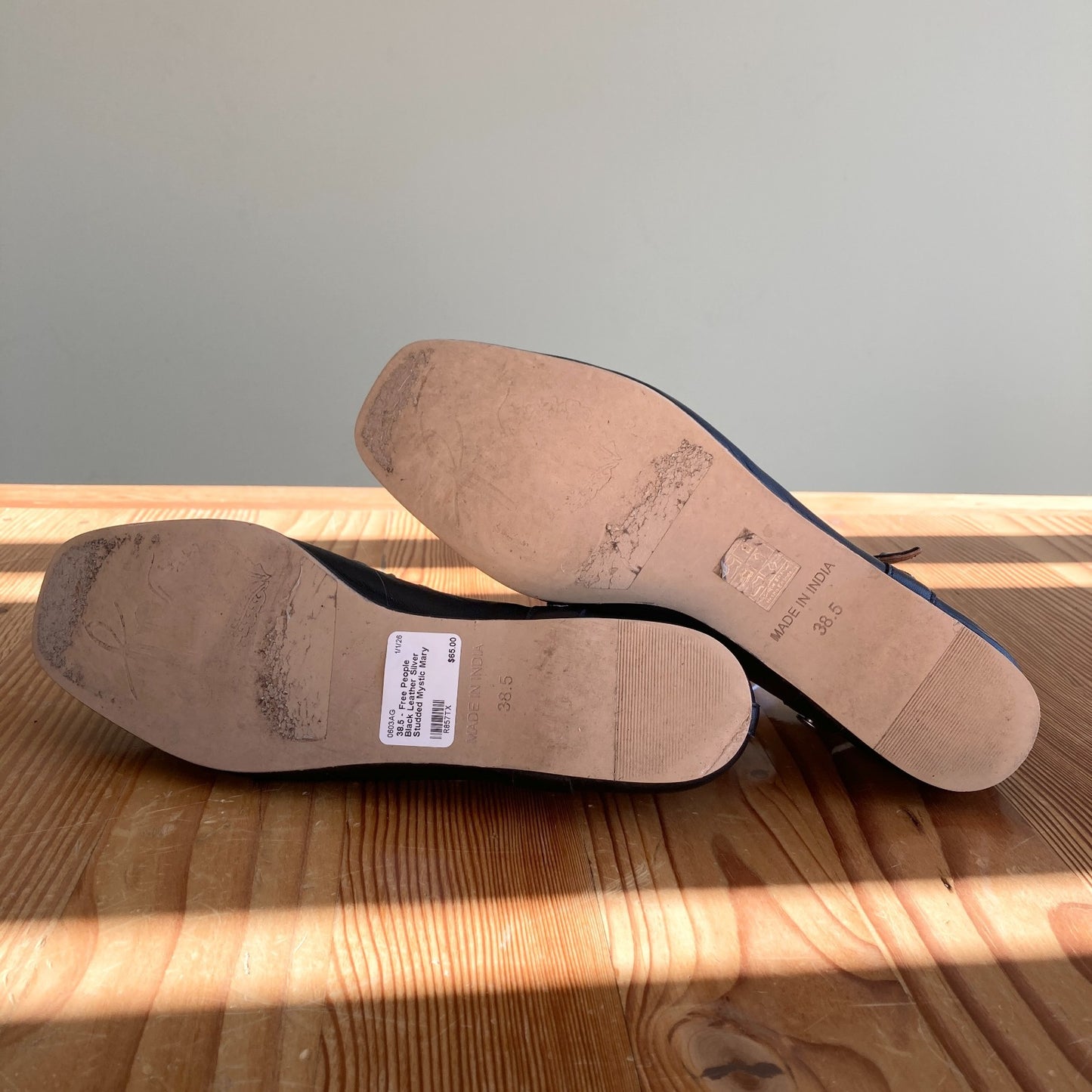 38.5 - Free People Black Leather Silver Studded Mystic Mary Jane Flats 0603AG