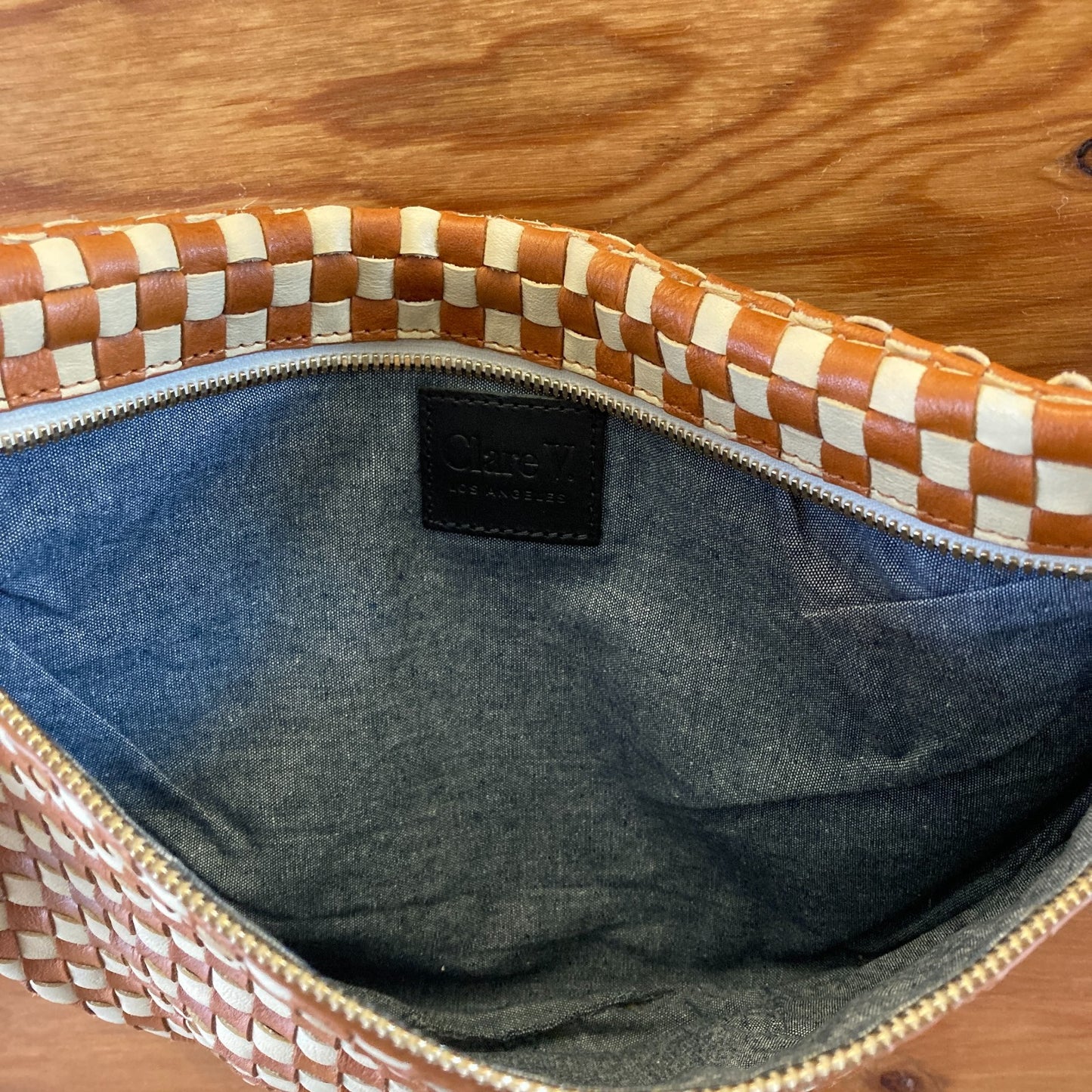 Clare V Brown & Ecru Woven Leather Checkered Grande Fanny Purse - 0120NE