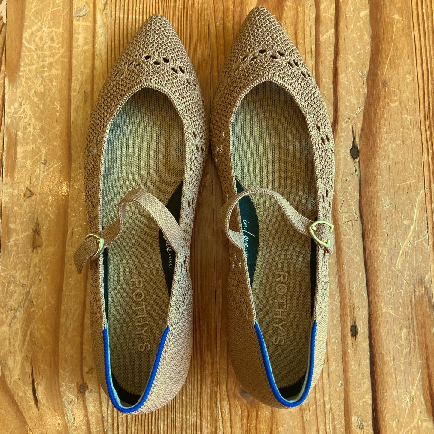 Rothy's Wren Tan Crochet Mary Jane II Point Flats - Sz 7.5 - NEW w/ Box - 1125EA