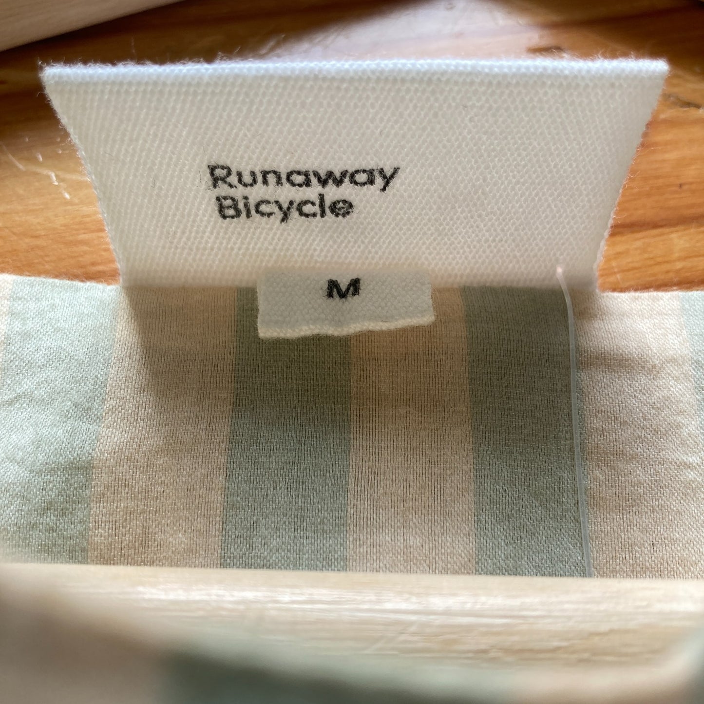 M - Runaway Bicycle Tan & Green Striped 3/4 Sleeve Silk Cotton Dress 0416JW