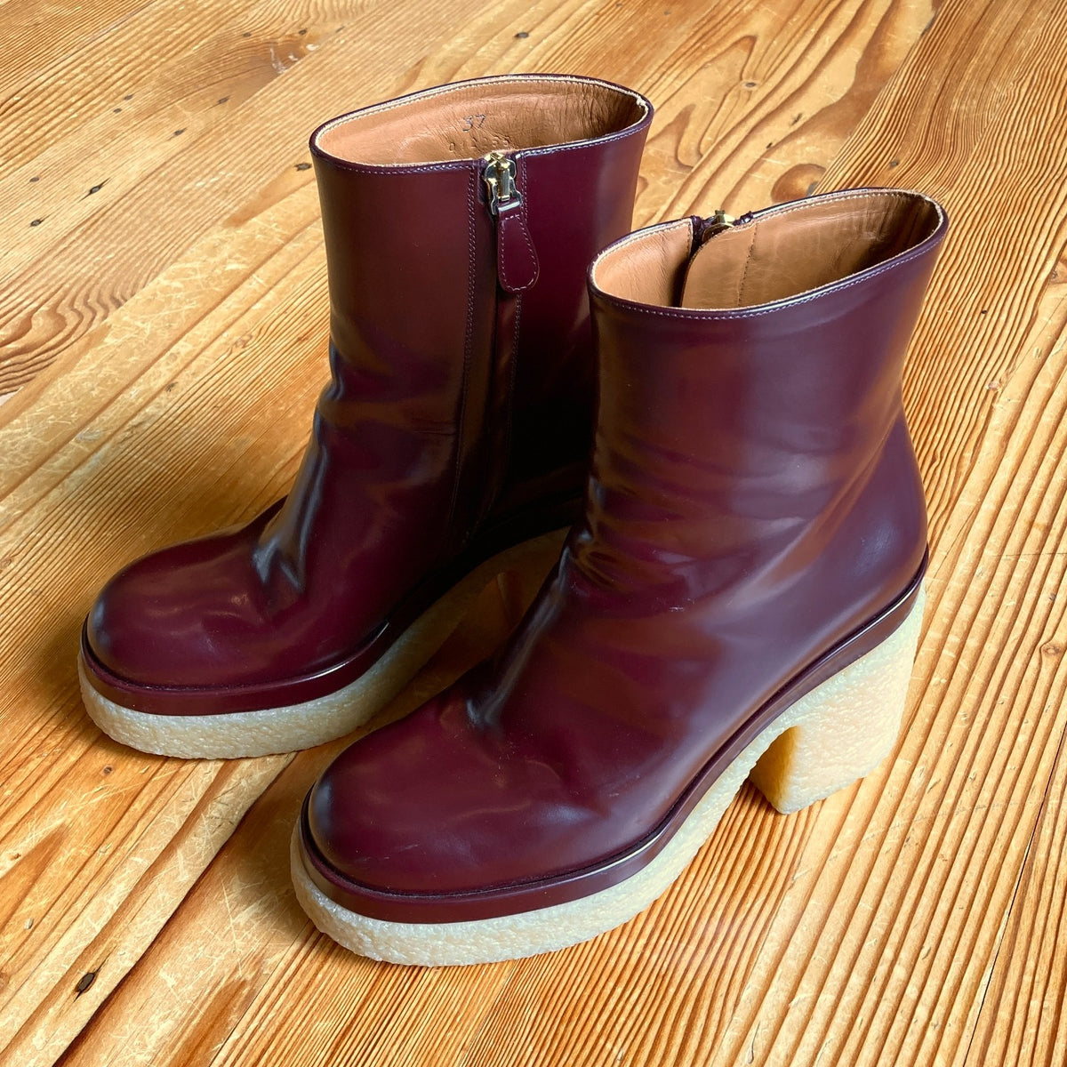 Chloe Burgundy Glossy Leather Platform Gum Sol Kurtys Boots - Sz 37 / 7 - 0927EK