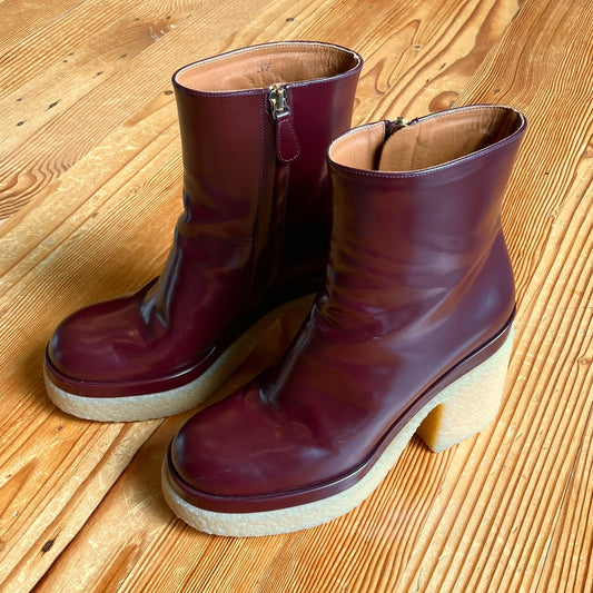 Chloe Burgundy Glossy Leather Platform Gum Sol Kurtys Boots - Sz 37 / 7 - 0927EK