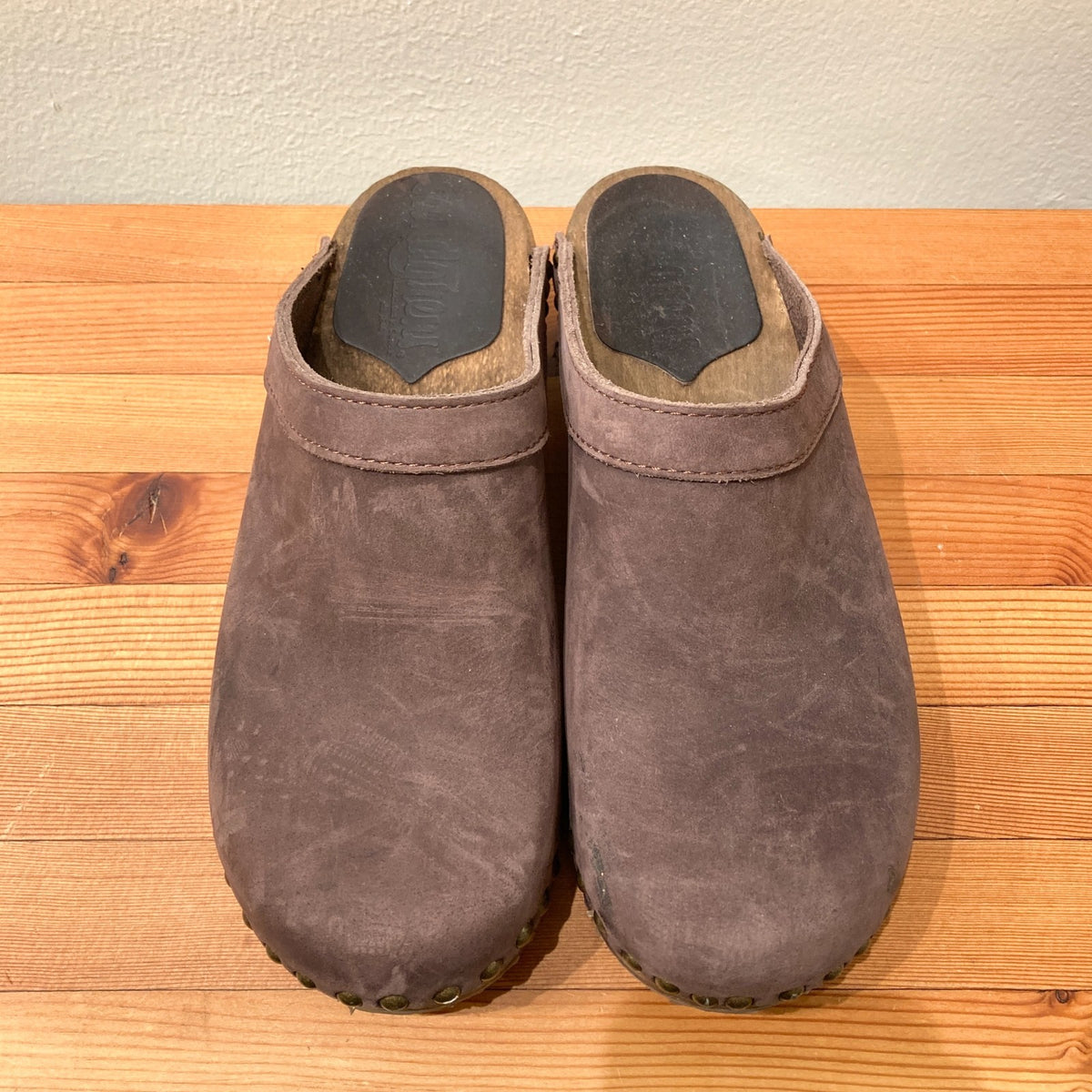 Sandgrens Brown Leather Wood Studded Clog Mule Shoes - Size 37 / 6.5 - 0312IG
