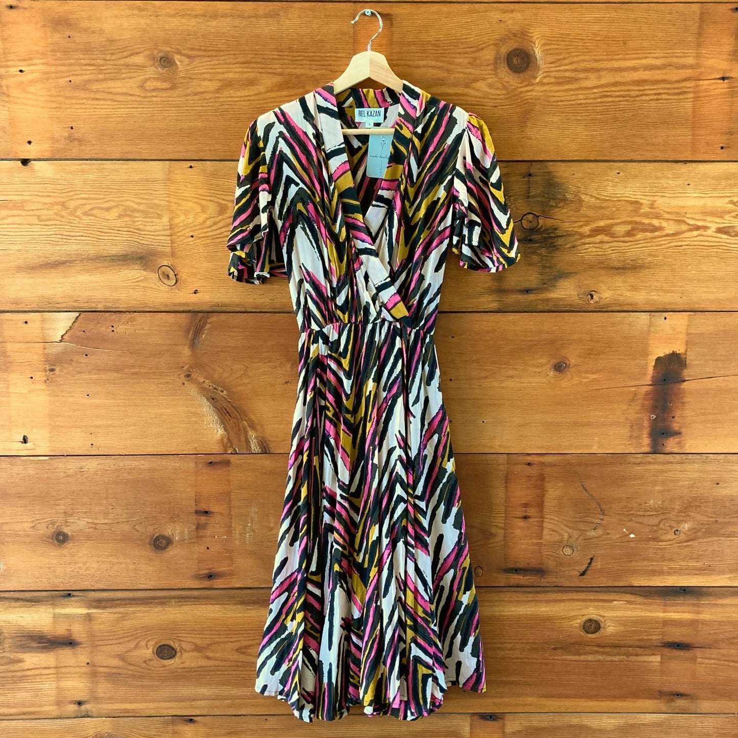 Bel Kazan Anthropologie Pink Black Print V-Neck Midi Dress - Size S - 0718DK