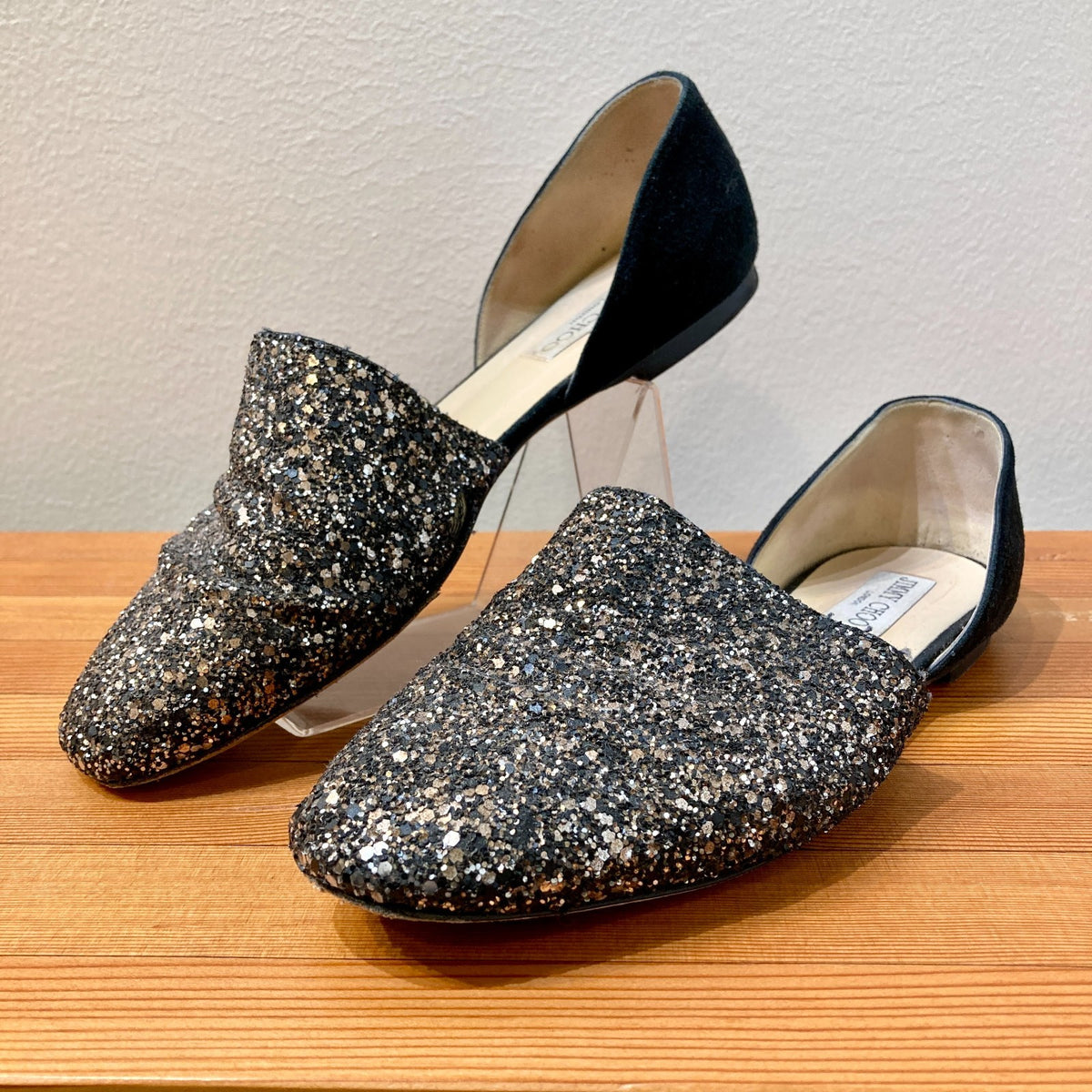 Jimmy Choo Black Coarse Glitter Globe D'Orsay Suede Flats - 37.5 / 7.5 - 0907LR