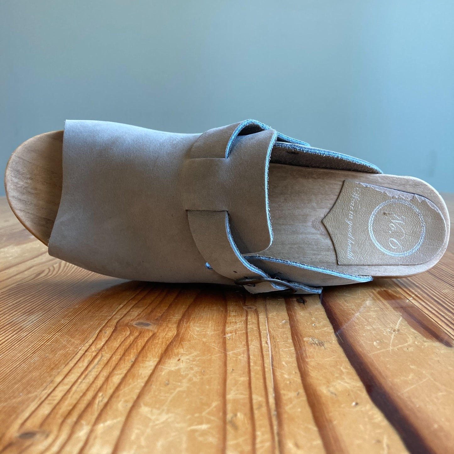 No. 6 Shoes Grey Leather Open Toe Wooden Clogs Sandals - Size 41 / 10.5 - 0425NK