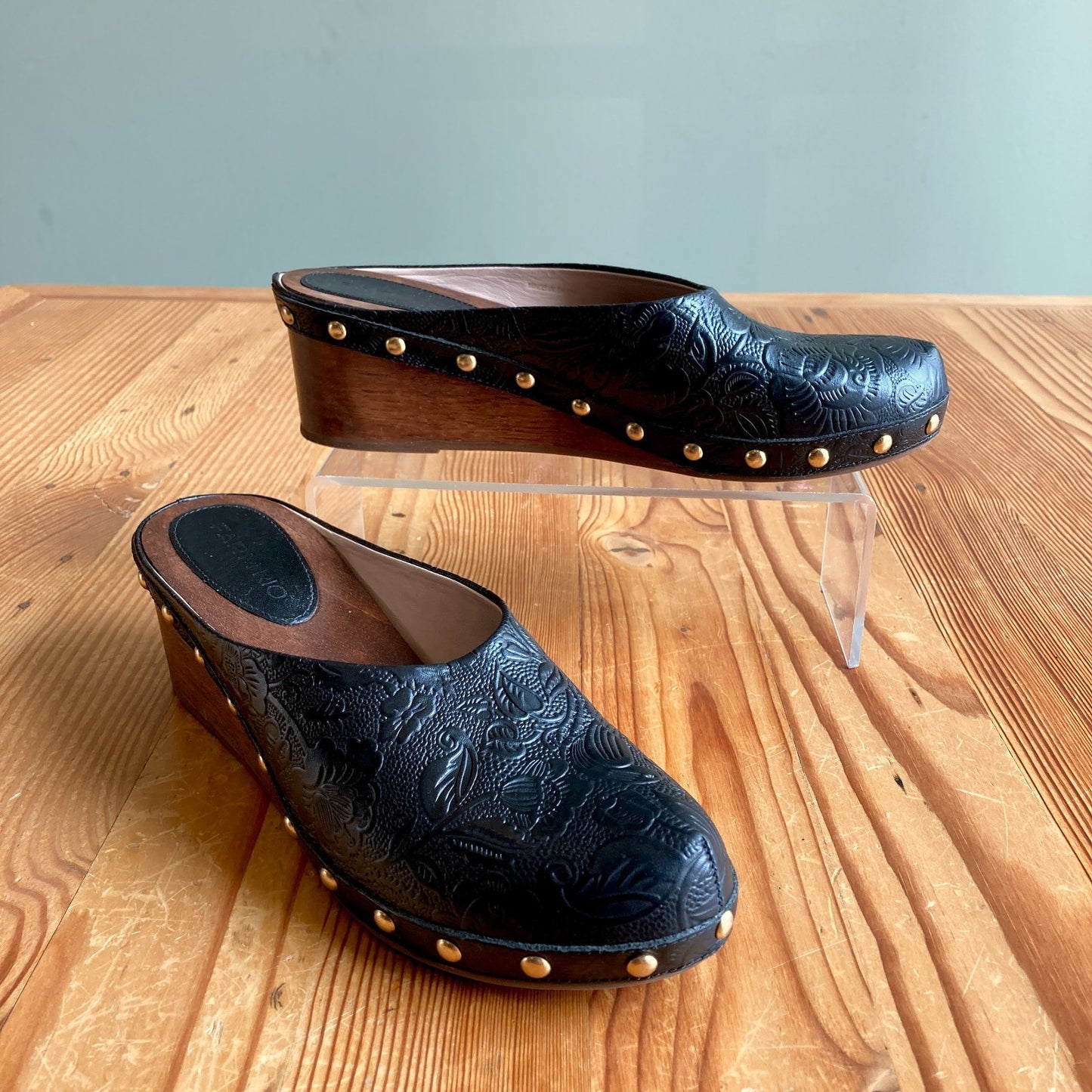 Farm Rio Black Embossed Studded Low Wedge Clogs Shoes - 0715DP