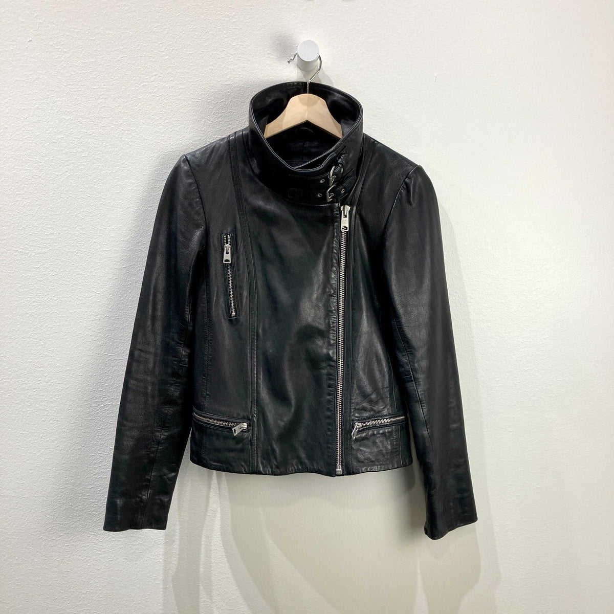 All Saints Black Leather Funnel Neck Bales Moto Biker Jacket - Size 4 - 0501JG