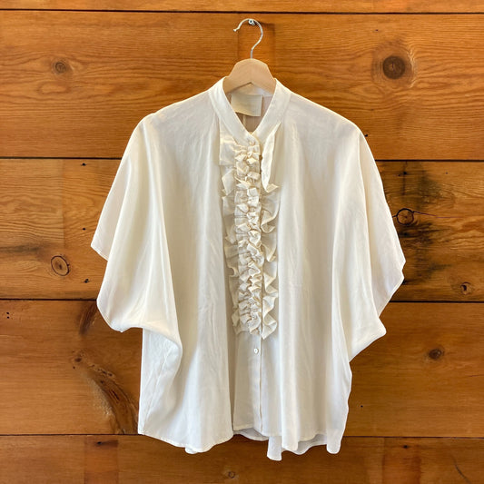 Momoni Ivory Short Sleeve Ruffle Neckline Berenice Shirt - Size 42 / L - 4427SC