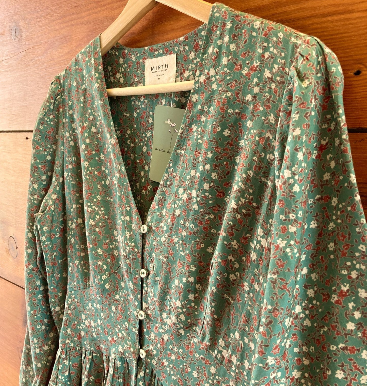 Mirth Green Floral Patterned Button Up Cotton Maxi Dress - Size M - 1211VM