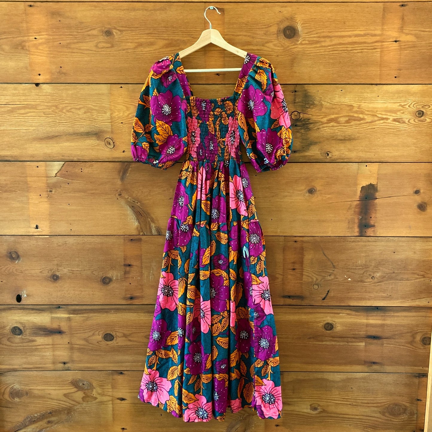 Elisamama Hibiscus Pink Green Floral Print Smocked Maxi Dress - Size S - 1103BW