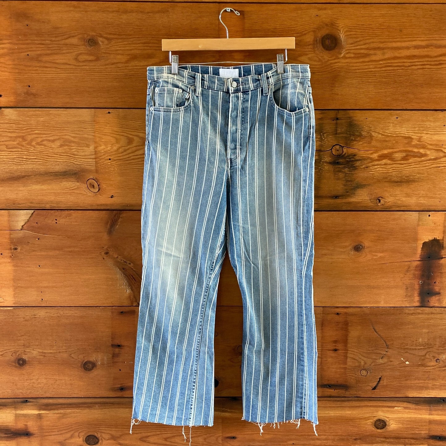 32 - Boyish $148 Anthropologie Blue Striped Denim Raw Hem Jeans NEW 1122CT