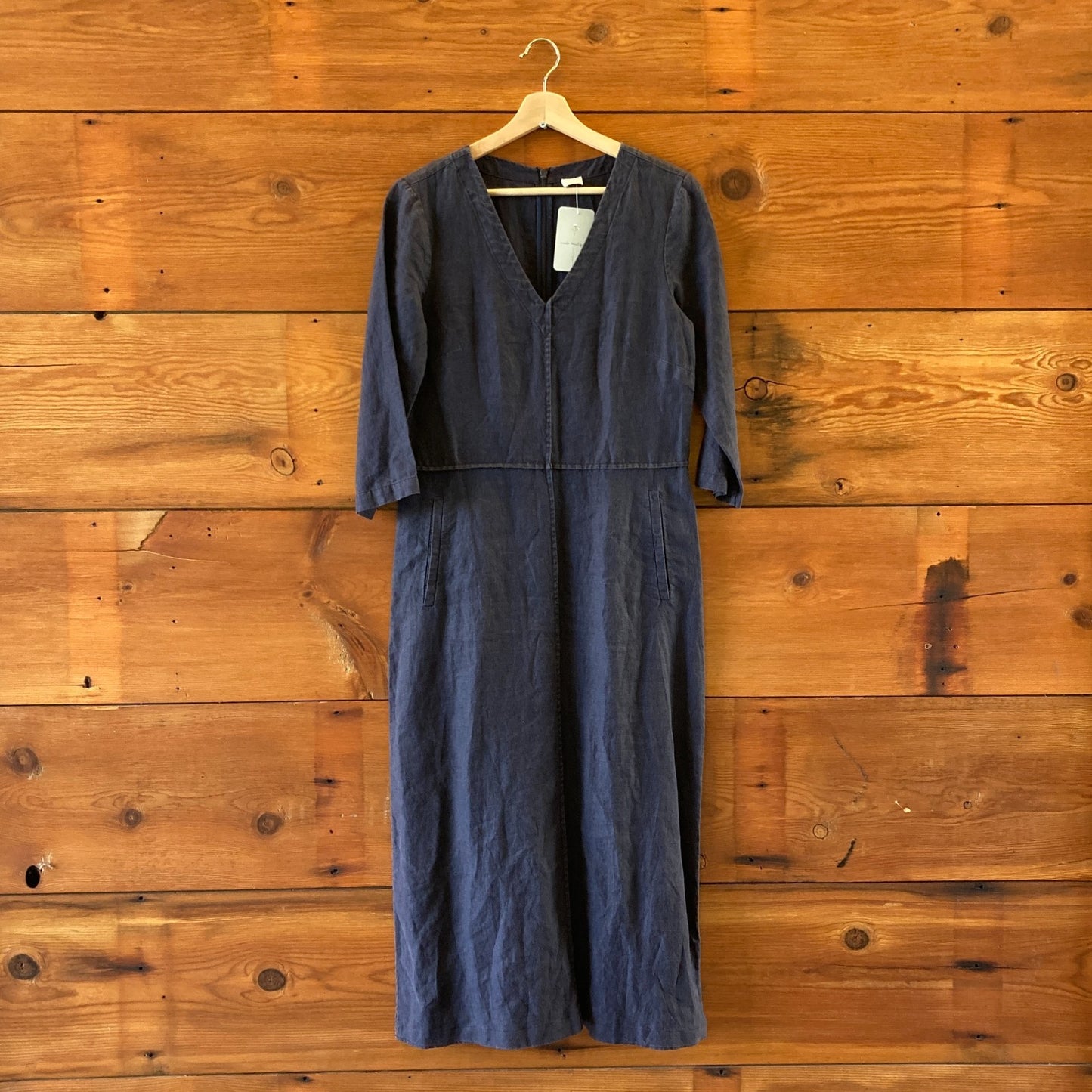 Poetry Navy 100% Linen Midi Length 3/4 Sleeve V Neck Dress - Size 6 - 1215RJ