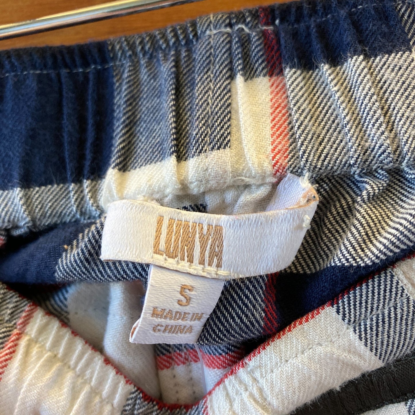 LUNYA Navy Check Flannel Pajama Shirt Shorts Pants 3 Piece Set - Size S - 0312IG