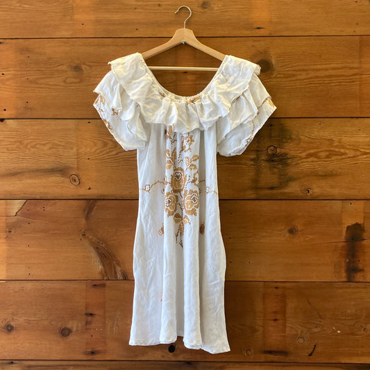 O/S - Holly Stadler Local Designer White Cross-Stitch Ruffled Linen Dress 0812LD