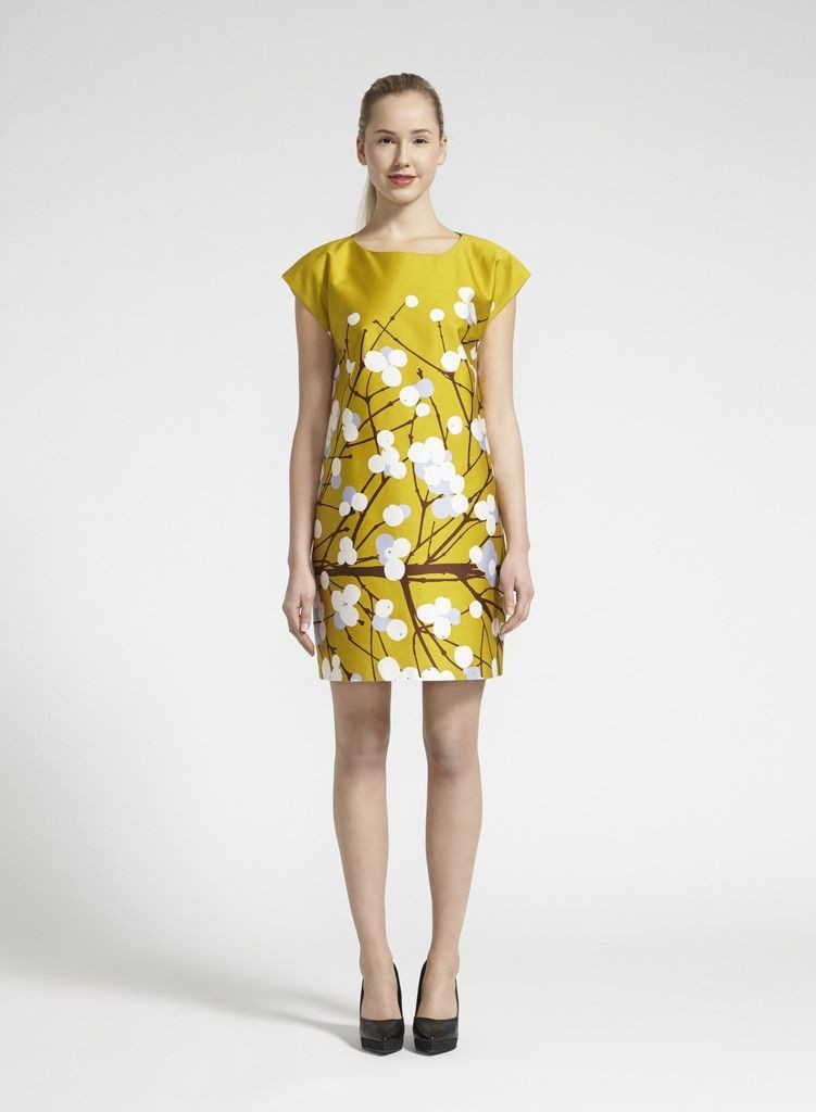 Marimekko Yellow Snowberry Print Ihvi Cap Sleeve Dress - Size 36 / S - 0203SK