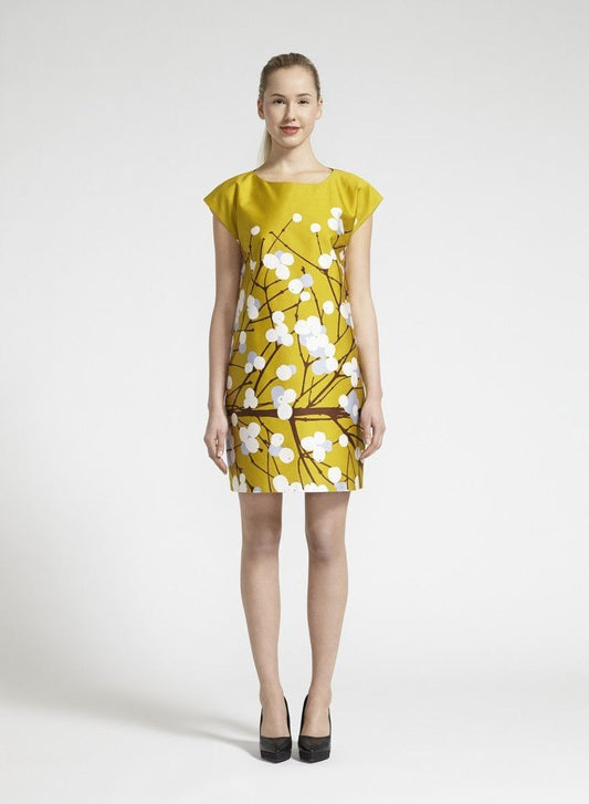 Marimekko Yellow Snowberry Print Ihvi Cap Sleeve Dress - Size 36 / S - 0203SK