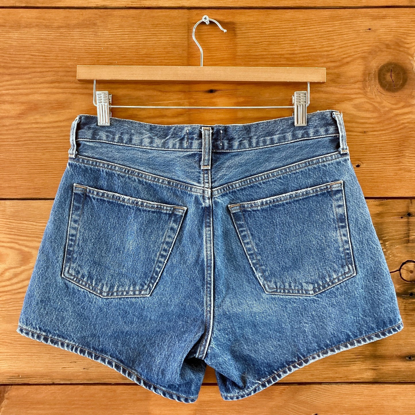AGOLDE Medium Blue Denim Parker Long Button Fly Jean Shorts - Size 27 - 1125KG