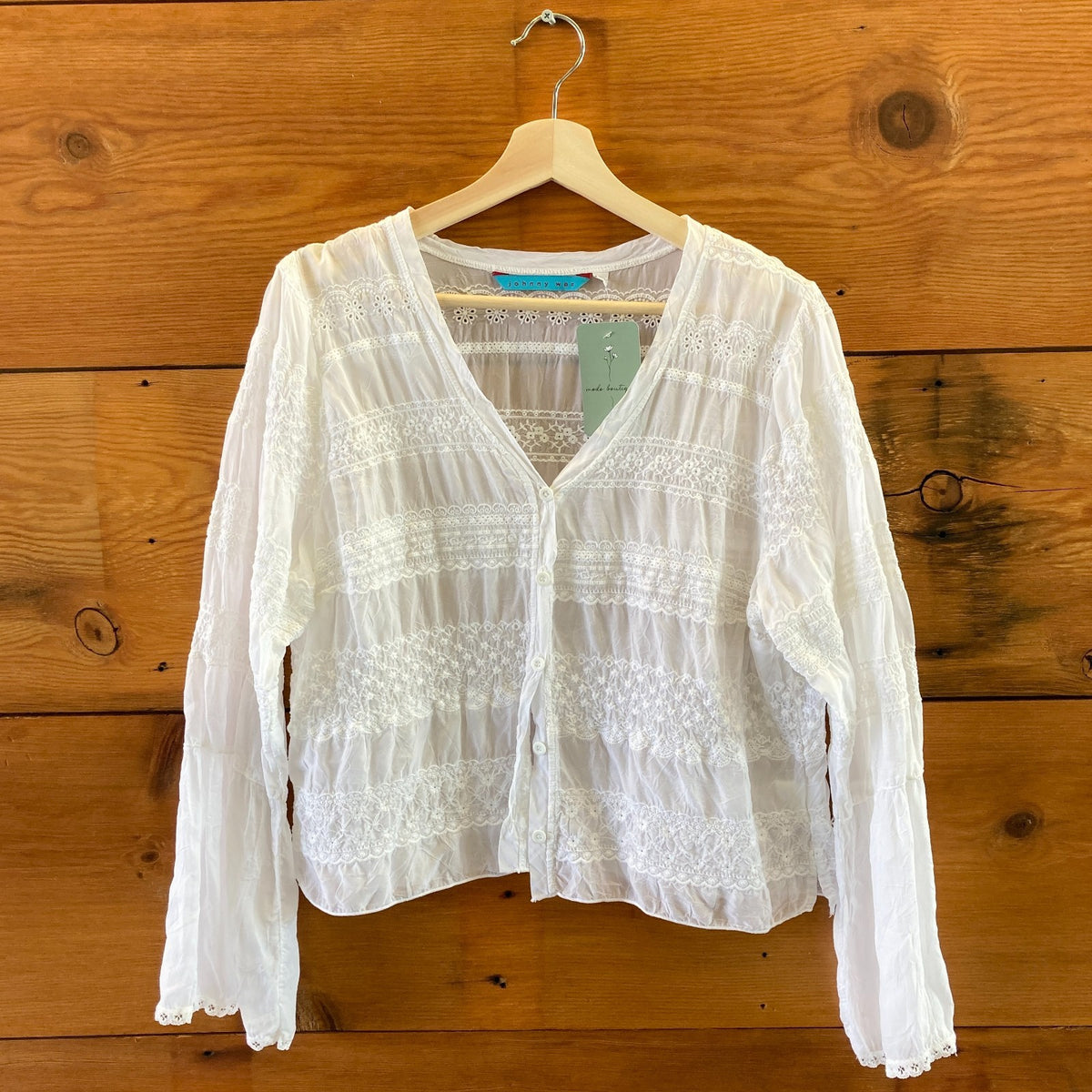 Johnny Was White Embroidered V-Neck Button Up Long Sleeve Top - Size L - 0320JS