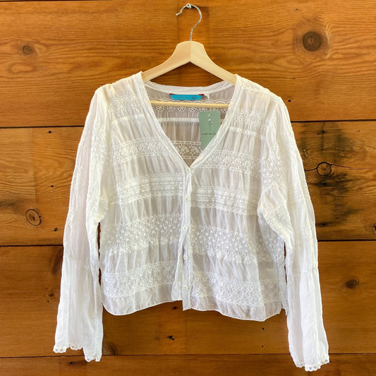 Johnny Was White Embroidered V-Neck Button Up Long Sleeve Top - Size L - 0320JS