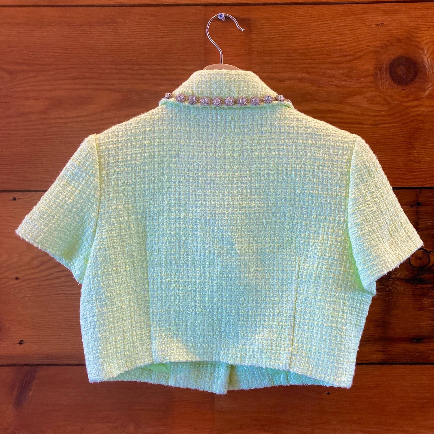 Self Portrait Pale Lime Green Crystal-Trim Tweed Crop Jacket - Size 8 - 1016LD