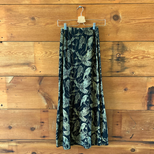 Thief & Bandit Black Gold Floral Birds Handpainted Skirt - Size S - 0314GM