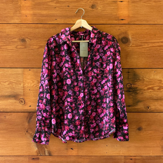 M - For Love & Lemons Black Pink Satin Floral Pajama Shirt & Shorts Set 0707AC