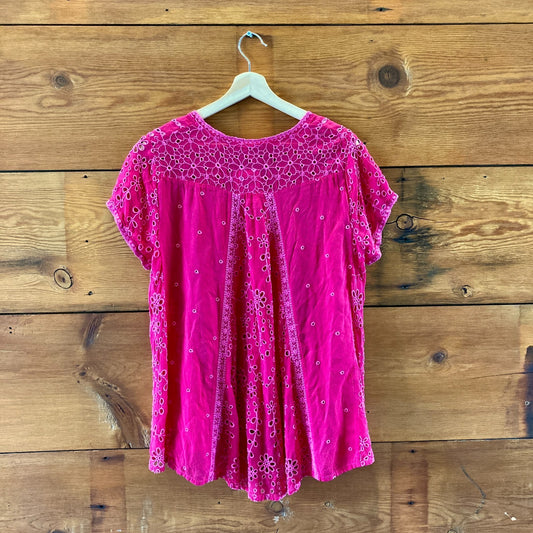 Johnny Was Fuschia Pink Embroidered Eyelet Cupra Top - Size M - 1103ES