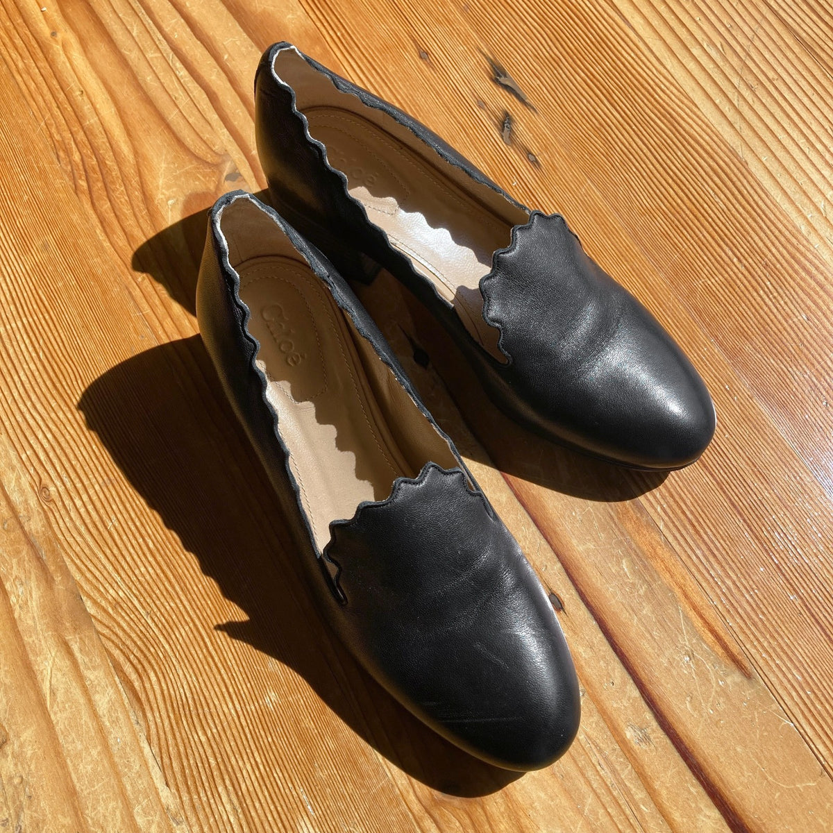 Chloe Black Leather Scallop Lauren Loafers Heels Shoes - Sz 36.5 / 6.5 - 0927EK