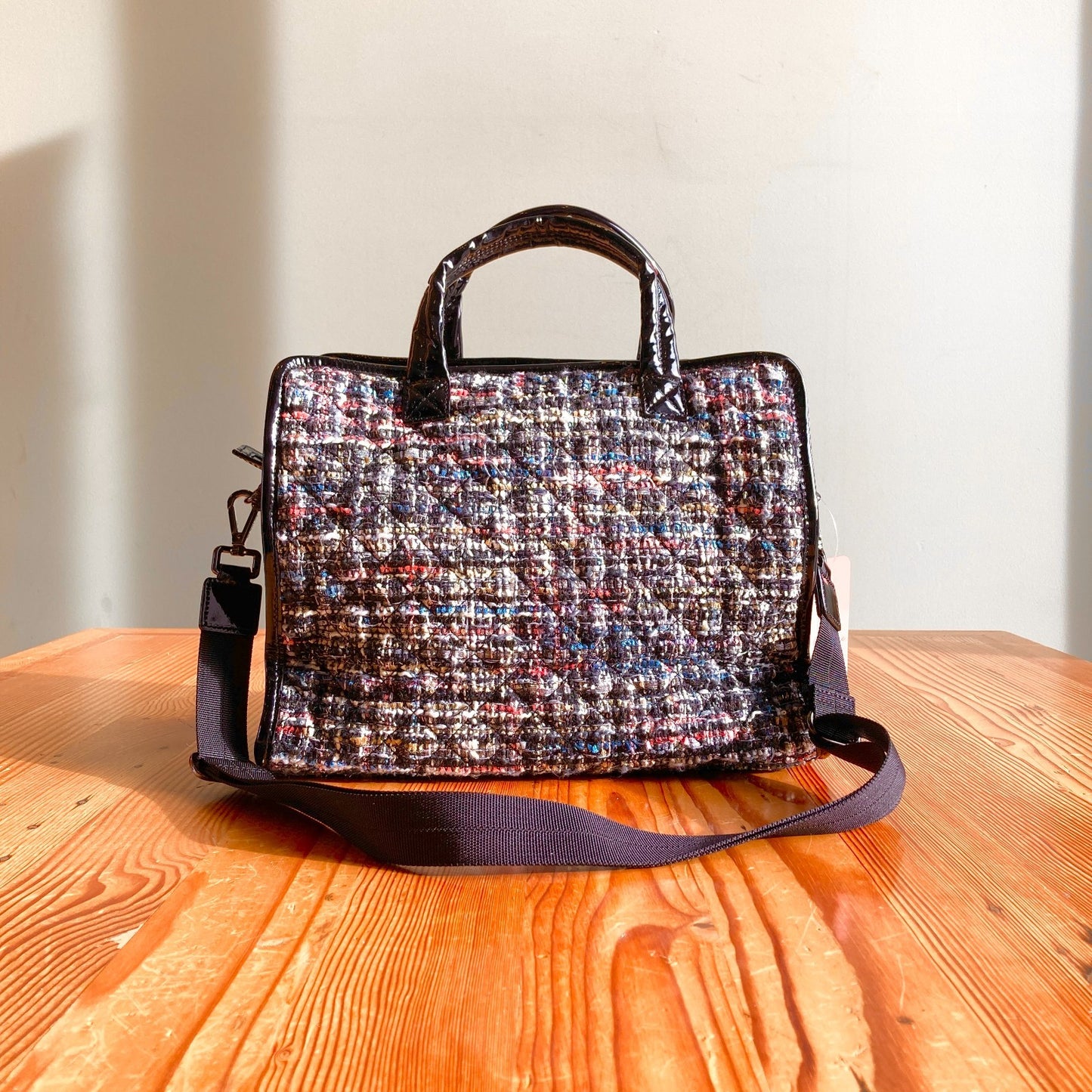 MZ Wallace $325 Tweed Medium Box Tote Crossbody Patent Handle Bag 1117KW