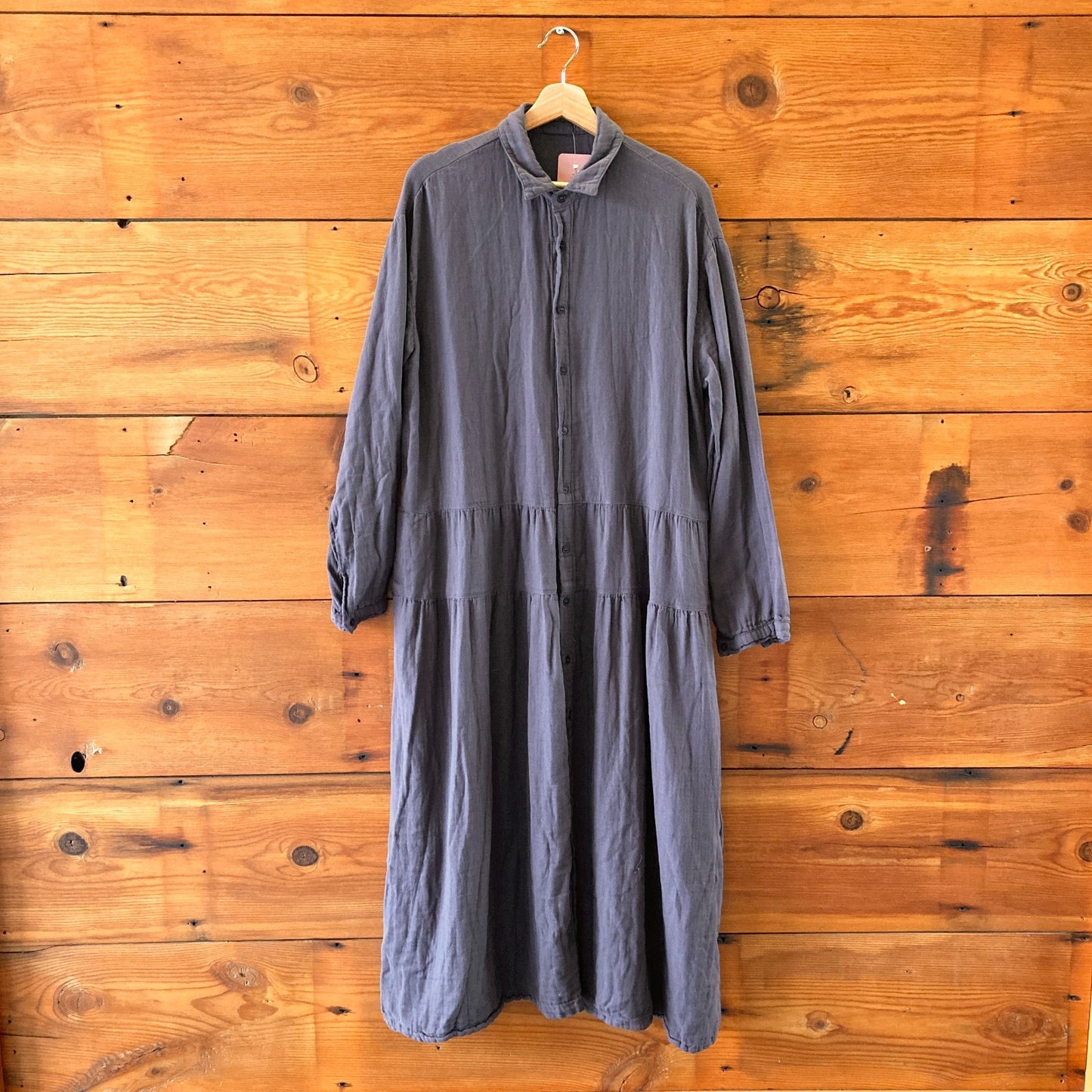 L - CP Shades Dark Gray Soft 100% Cotton Tie Waist Maxi Length Dress 0731EN