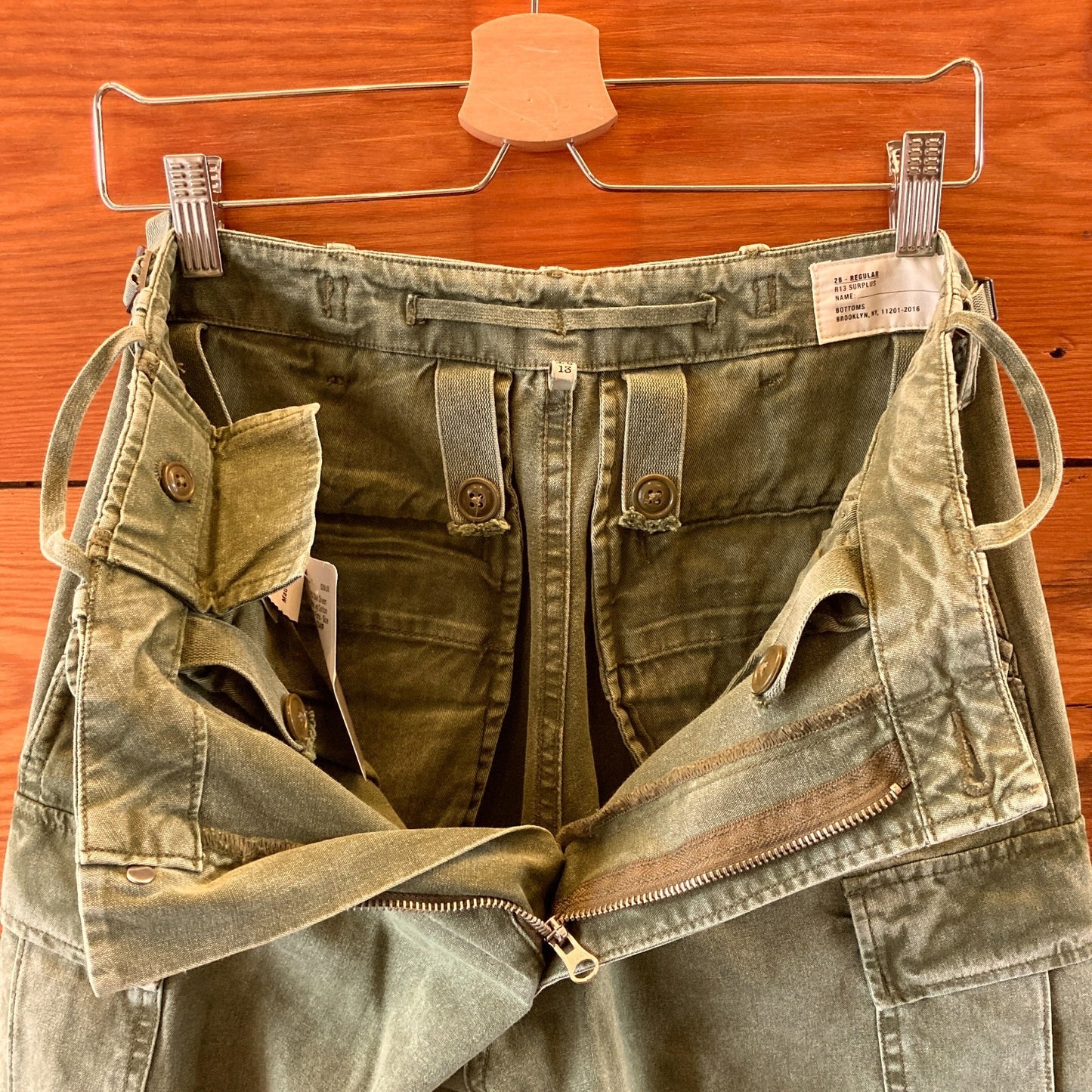 R13 Olive Green Wide Leg Cotton Cargo Pants - Size 28 - 0204MP