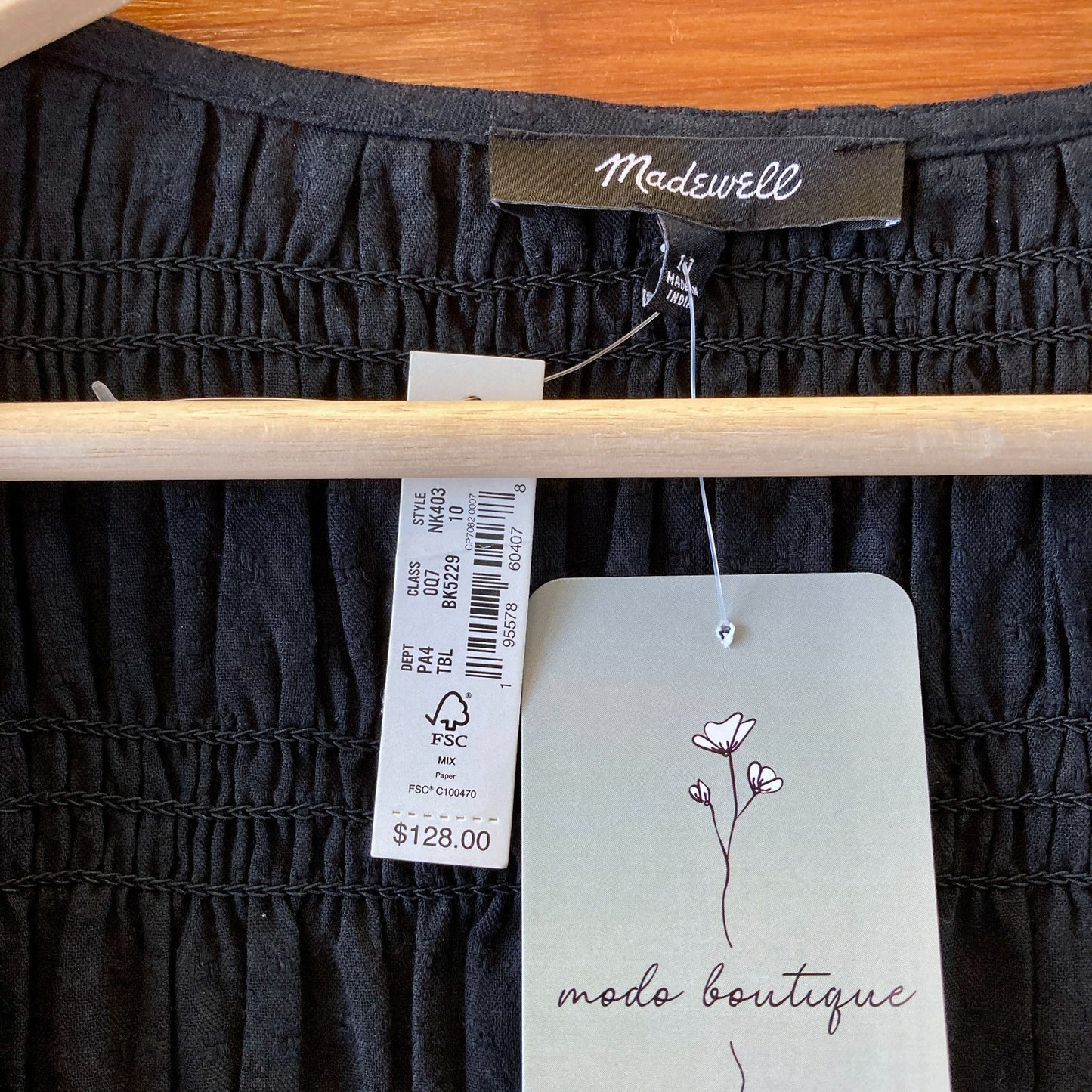 Madewell $128 Black Smocked Short Sleeve Lucie Dress - Size 10 - NEW - 0523HS