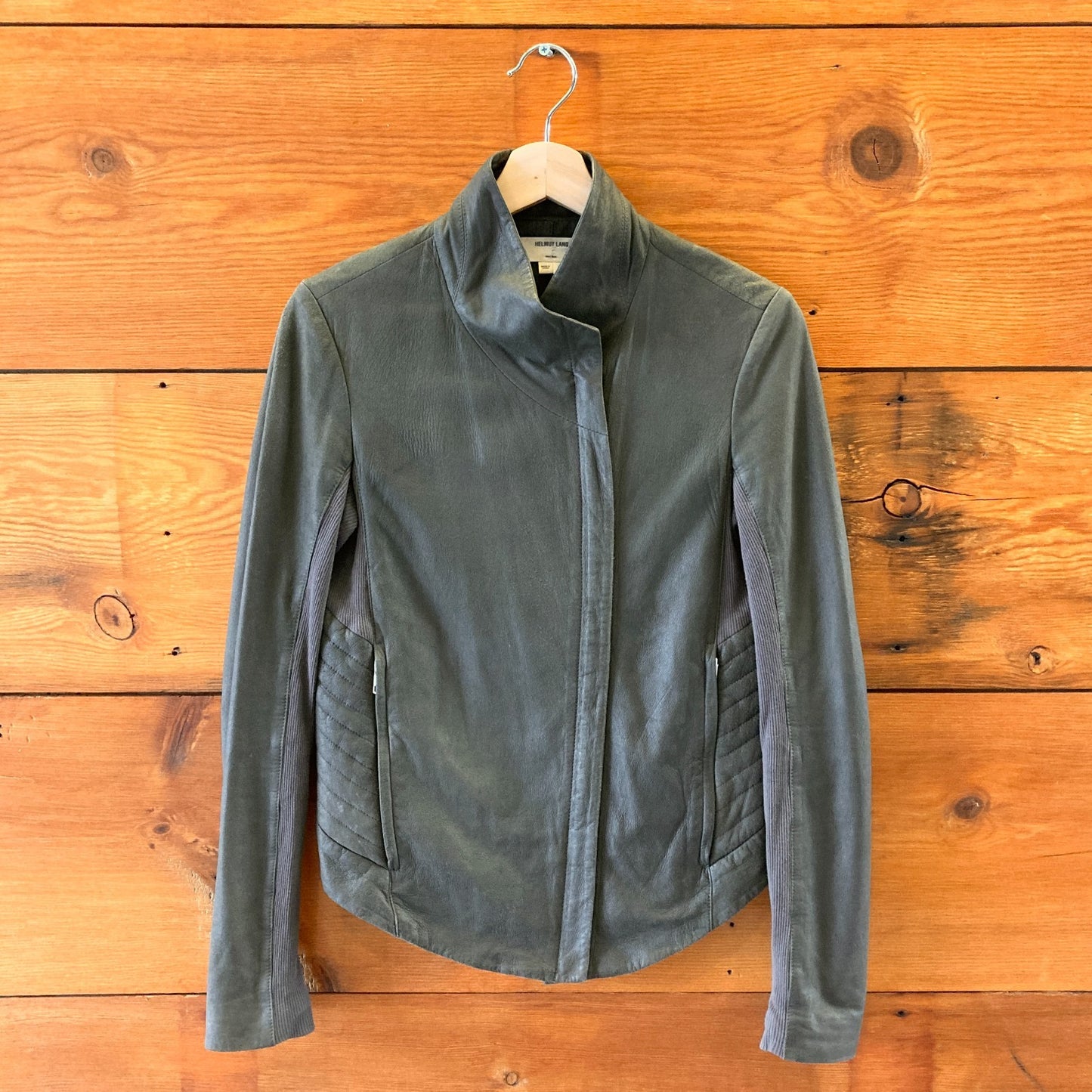S - Helmut Lang Dark Gray Paper Leather Asymmetric Zip Moto Jacket 0113TS