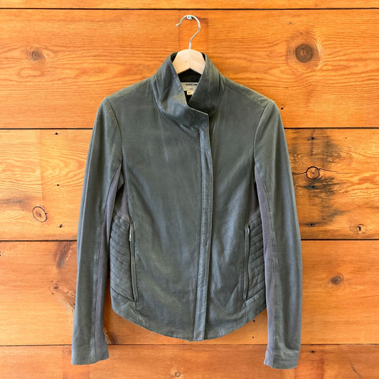 S - Helmut Lang Dark Gray Paper Leather Asymmetric Zip Moto Jacket 0113TS