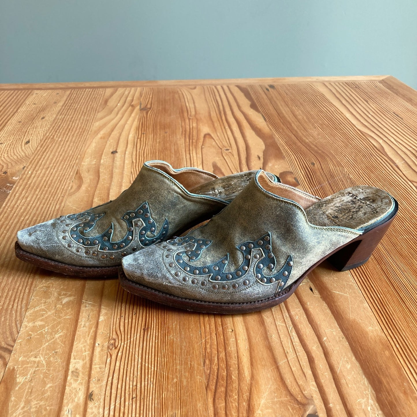 The Old Gringo Green Gray Studded Western Mules Shoes - Size 37 / 7 - 0527KM