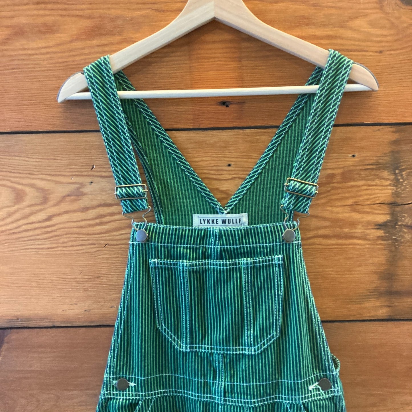 XS / S - Lykke Wullf Green Navy Striped Workwear Sierra Bib Overalls 0312IG