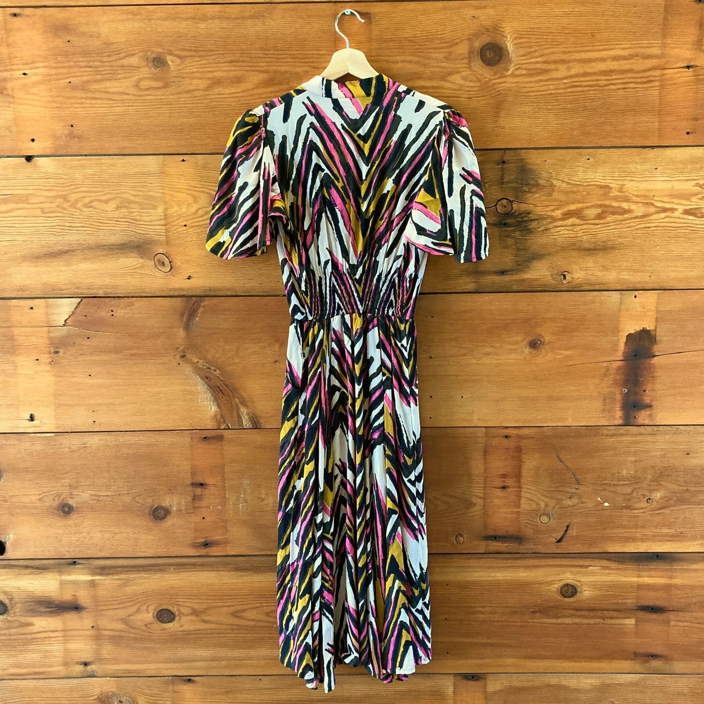 Bel Kazan Anthropologie Pink Black Print V-Neck Midi Dress - Size S - 0718DK