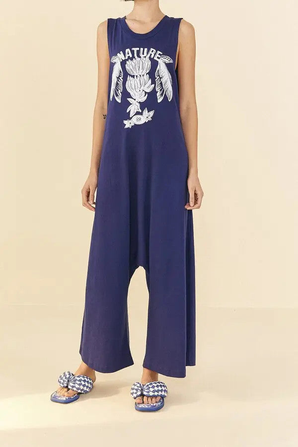 Farm Rio $148 Navy Blue Printed Nature Organic Cotton Jumpsuit - Size S - 1203TR