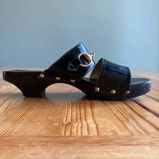 Gucci Black Leather Horsebit Platform Slide Sandals sandals - Size 8 - 1217RM
