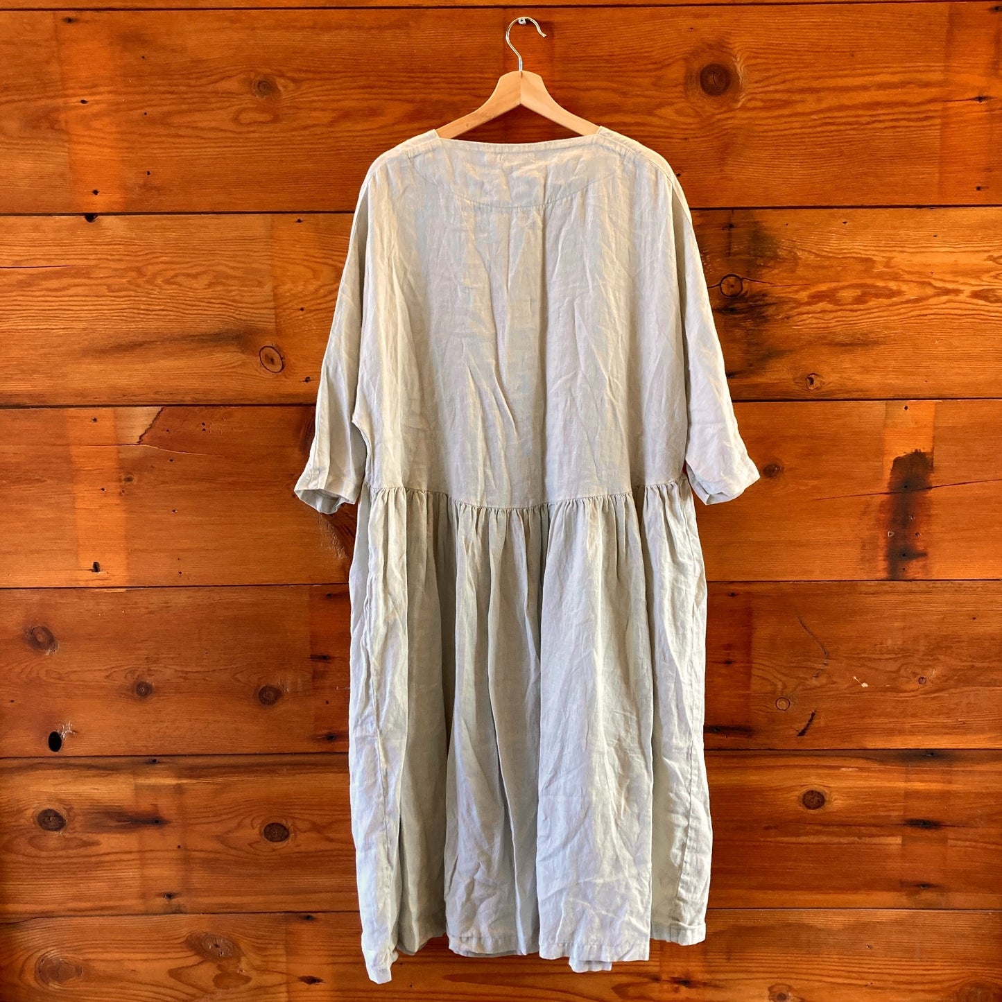 M - Black Crane Gray 100% Linen Short Sleeve Artsy Lagenlook Dress 0416JW