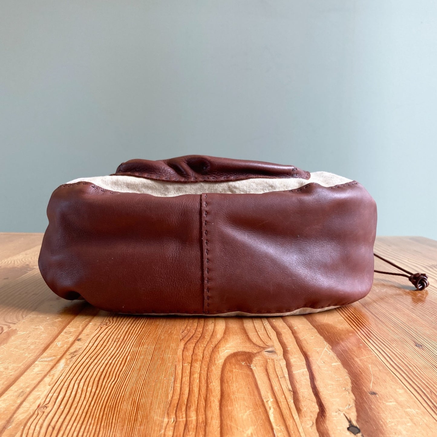 Henry Beguelin Brown Leather Natural Canvas Hobo Drawstring Shoulder Bag 0503MC