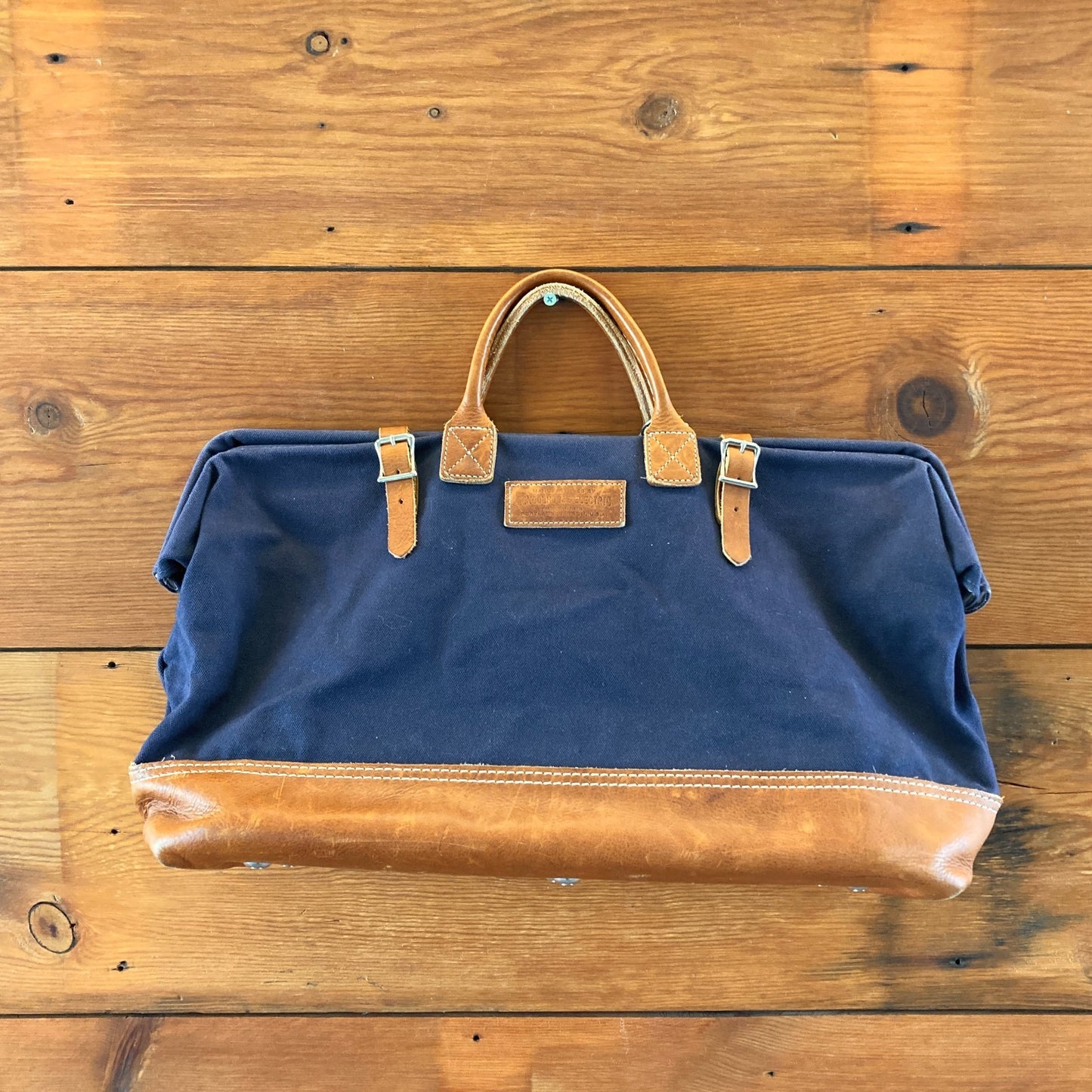 Schoolhouse Electric Navy Canvas Brown Leather Weekender Duffle Bag - 1229MR